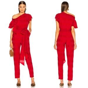 Rachel Comey Stance Silk Blend Smocked Seersucker Jumpsuit Red Christmas Size 0